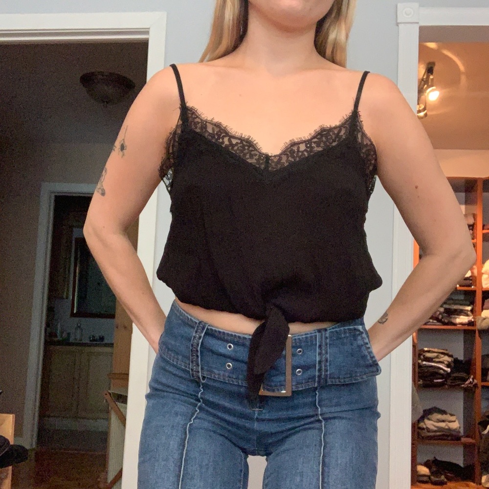 Black Sheer Front Tie Crop Top Tank